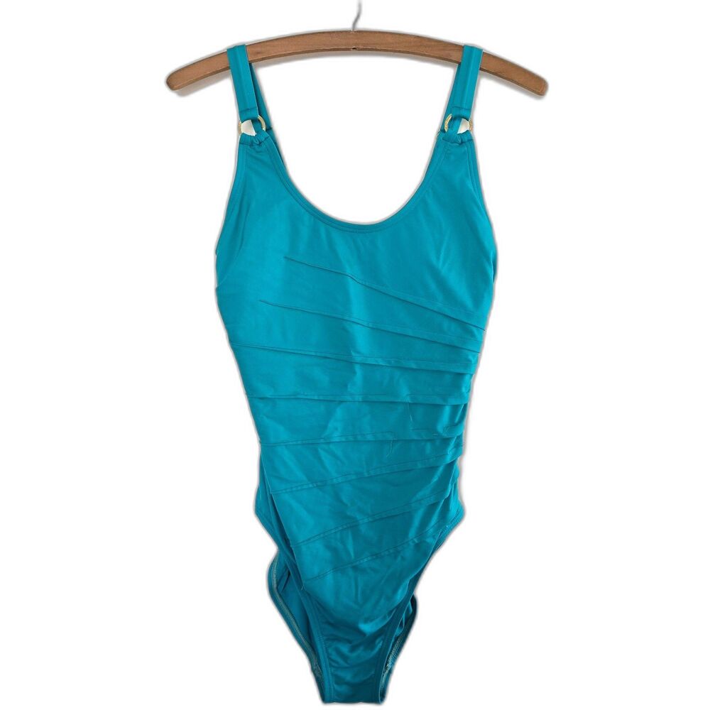 Calvin Klein Starburst Solid 1 Piece Swimsuit Scoop Neck Turquoise Teal Blue 8